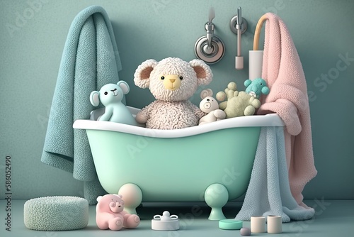 baby bathtub surrounded by plush towels and other essentials in bathroom, created with generative ai