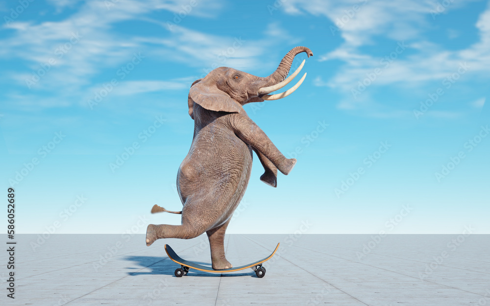 Ταπετσαρία Elephant on skateboard. Impossible and happiness concept