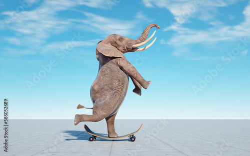 Φωτογραφία Elephant on skateboard. Impossible and happiness concept