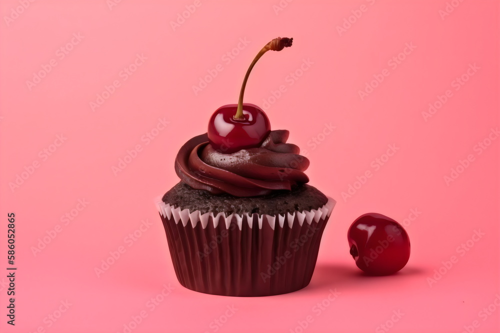 chocolate cherry cupcake isolated on plain pink background with copy space, made with generative ai chocolate cherry cupcake isolated on plain pink background with copy space, made with generative ai