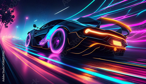 Speeding Sports Car On Neon Highway. Powerful acceleration of a supercar on a night track with colorful lights and trails, cyberpunk style, Generative AI