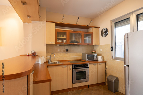 Kitchen interior with appliances and wood elements