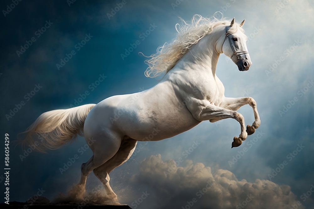 White horse with a long mane is galloping in the sky created with Generative AI technology