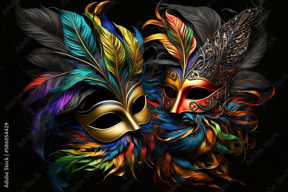 Two venetian carnival masks with colorful feathrs on the black background. Golden and red masks with clorful feathers created with generative ai technology