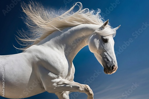 Head of white horse with a long mane on the blue sky background created with Generative AI technology