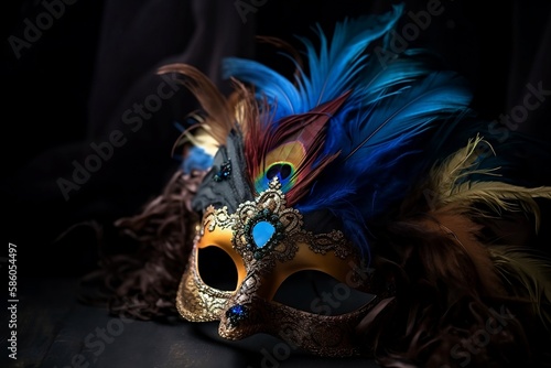 Colorful Venetian carnival mask with feathers on the black background created with Generative AI technology © Oksana