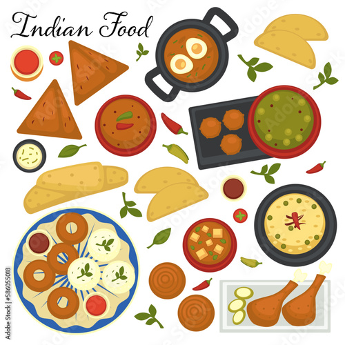 Indian cuisine menu, collection of dishes of India. Soups and tandoori, spicy snacks vector in flat