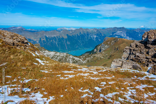 Rocky landscape alongside Schynige Platte-First hiking track in Switzerland photo