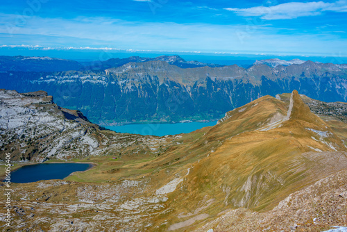 Panorama view of Brienzersee lake alongside Schynige Platte-First hiking track in Switzerland photo