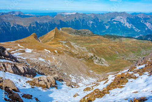 Rocky landscape of Schynige Platte-First hiking track in Switzerland photo