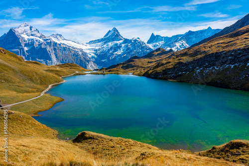 Panorama view of Bachsee in Swiss Alps photo