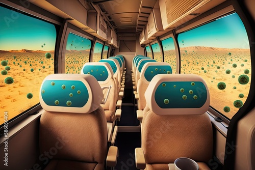 bus cabin, with view of the driver's seat and dashboard, to show how bacteria spreads from passenger to passenger, created with generative ai photo