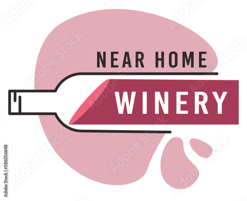 Tasting wine and enjoying flavor of alcoholic beverages. Alcohol in bottle, splashes of liquid and text. Vector in flat style