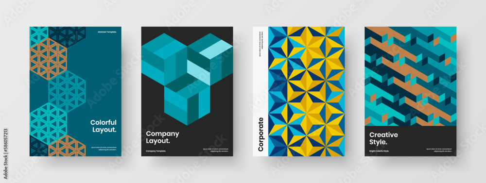 Abstract company brochure A4 vector design concept collection. Colorful mosaic hexagons book cover template composition.