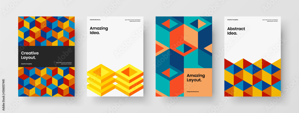 Vivid mosaic hexagons flyer layout collection. Abstract catalog cover design vector template set.