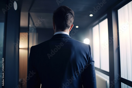 Businessman in suit walking down corridor in office. Rear view of an unrecognizable stylish man in an office building indoors. Generative AI