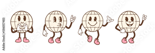 Set of earth characters in trendy retro cartoon style. Funny comic globe with different face expression. Vintage planet mascot with arms and legs. Vector illustration isolated on white background.