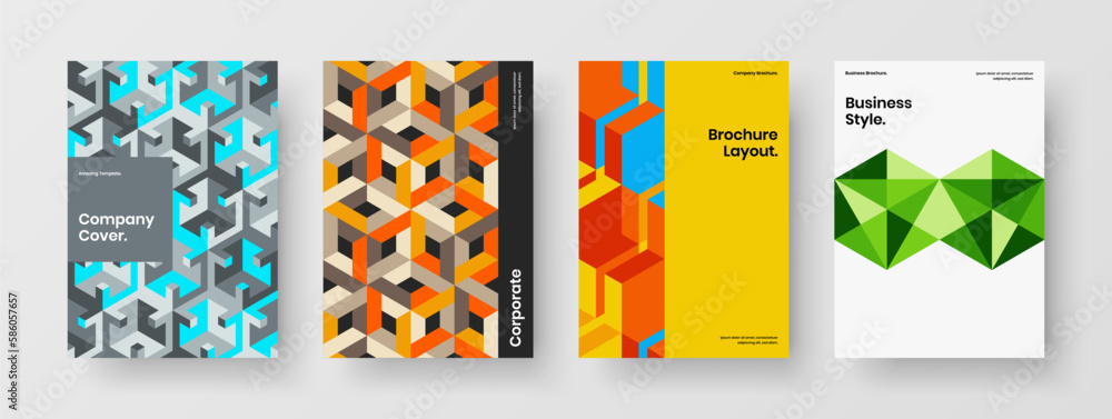 Minimalistic mosaic shapes handbill illustration collection. Creative corporate identity vector design concept set.
