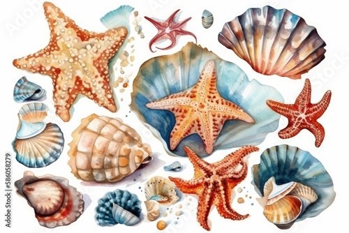 Illustration of sea shells and starfish on a white background created with Generative AI technology