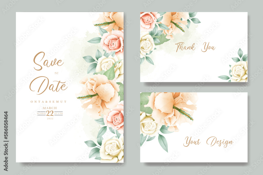 wedding invitation card with floral rose watercolor
