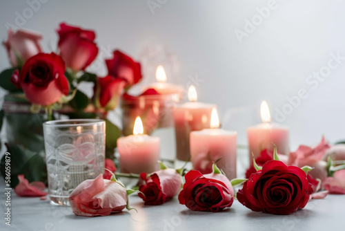 candle and roses, white background. generative ai