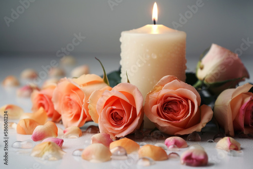 candle and roses  white background. generative ai