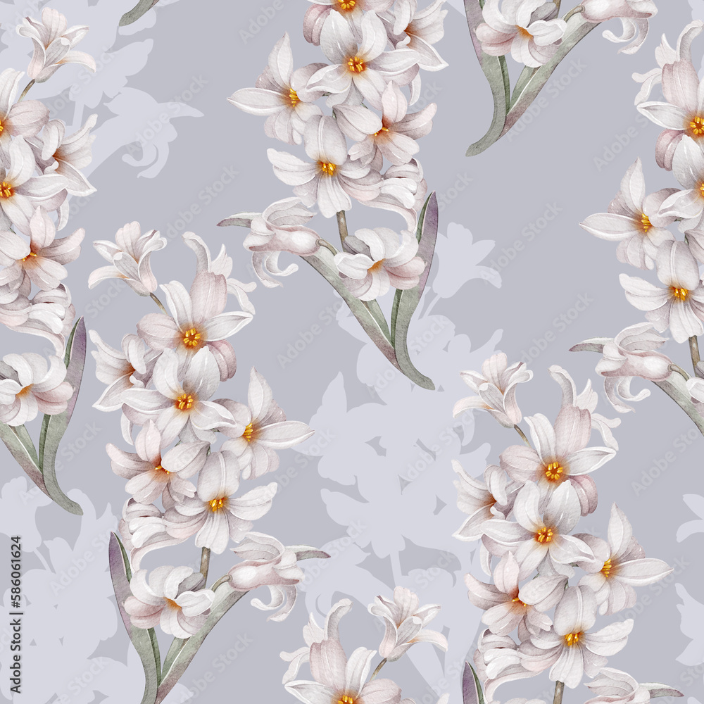 Obraz premium White hyacinths on light blue background. Seamless watercolor pattern