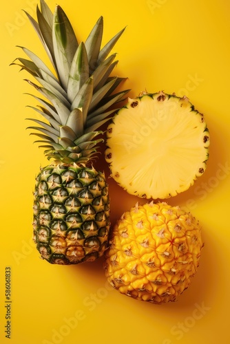 Pineapple composition on yellow background. Generative AI