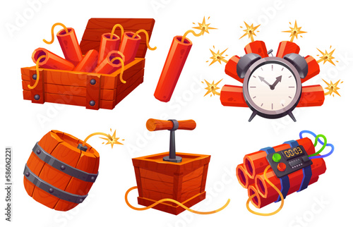 Cartoon tnt and barrel game props ui icon set in vector. Isolated bomb box and explosive dynamite asset for app interface. Time control danger stick with fuse. Military detonator on white background photo