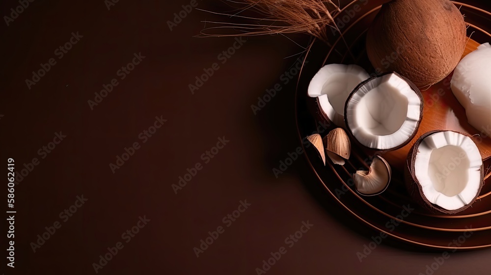 Obraz premium Coconut composition on brown background. Generative AI