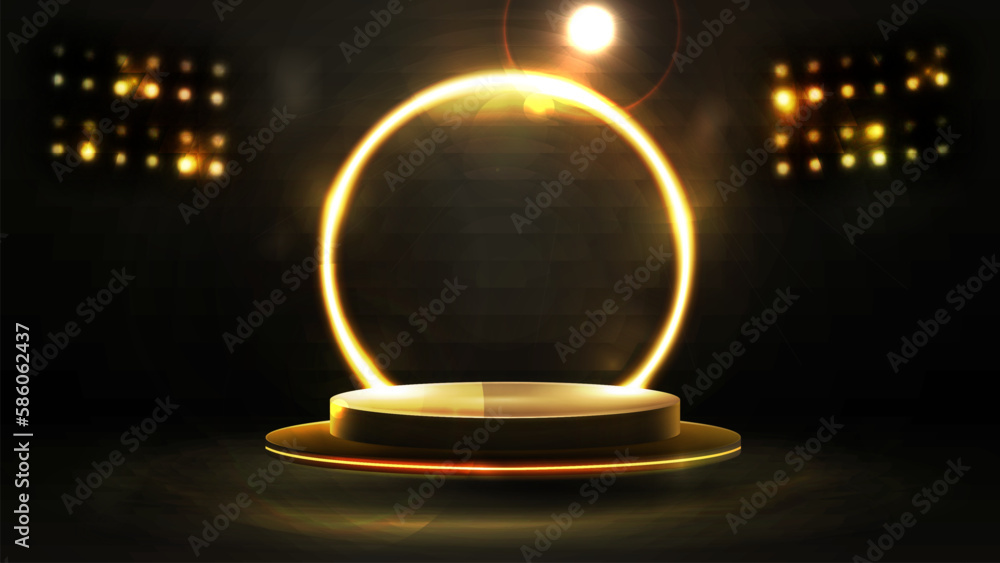 Empty gold podium floating in the air with gold neon ring on background.