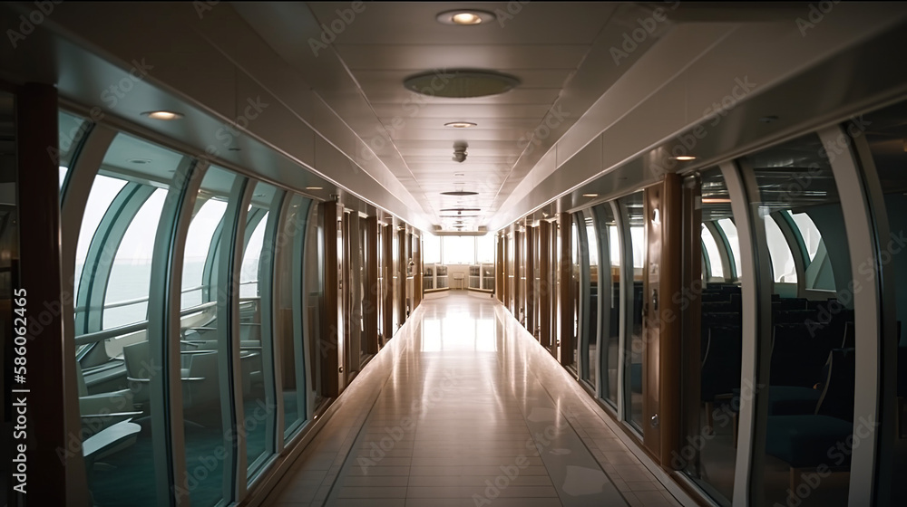 Isolated Detaild Interior Of White Cruise Ship, Generative Ai