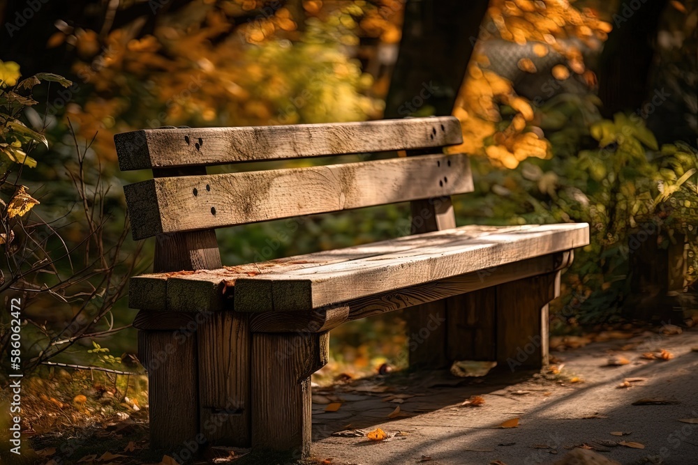 serene wooden bench surrounded by lush trees in a peaceful forest setting created with Generative AI technology serene wooden bench surrounded by lush trees in a peaceful forest setting created with Generative AI technology