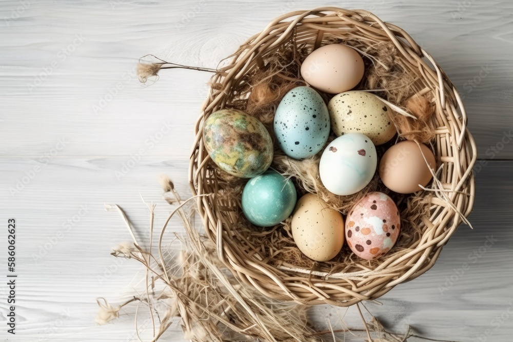 colorful basket filled with Easter eggs created with Generative AI technology colorful basket filled with Easter eggs created with Generative AI technology