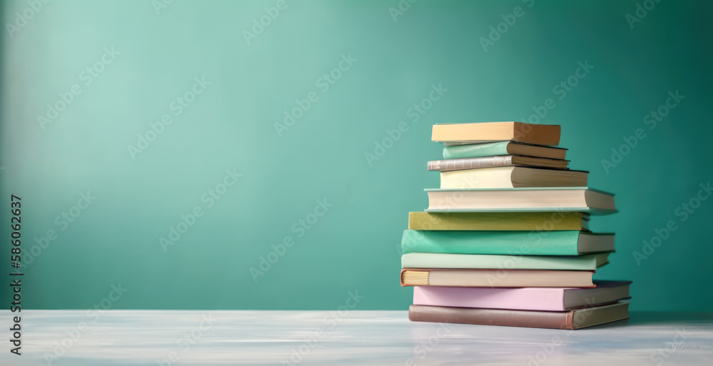 Many books on a wooden table and a pastel green background. back to school. Education. Generative AI. Many books on a wooden table and a pastel green background. back to school. Education. Generative AI.
