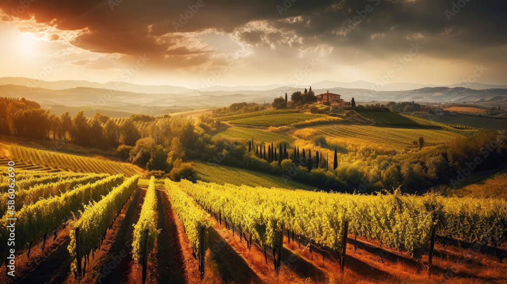 Tuscany landscape with vineyard in autumn with sunset (Generative AI)