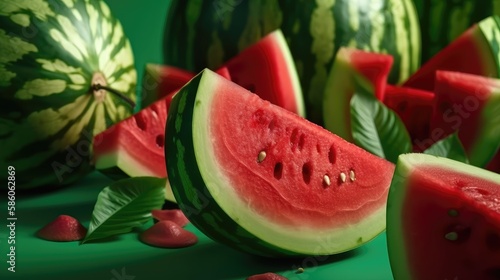 Watermelon composition on green background. Generative AI