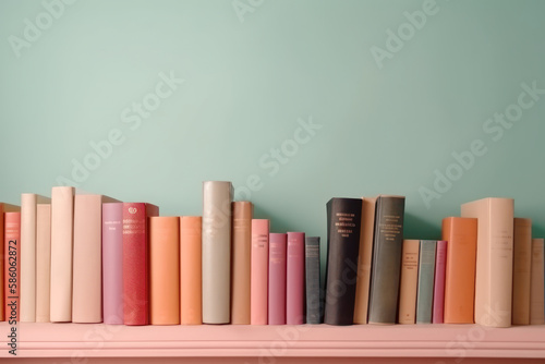 Many books on a wooden table and a pastel green background. back to school. Education. Generative AI.