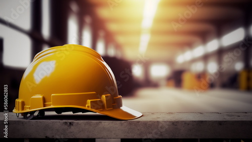 Industrial safety helmet, industrial site blur background, minimalist with Generative AI.