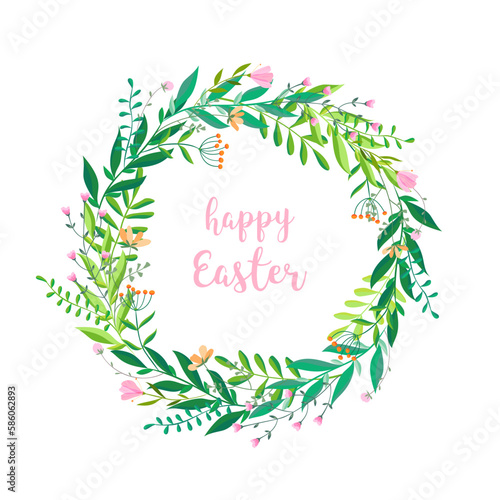 Happy Easter vector illustration. Trendy Easter design with typography, wreath and spring flowers in soft colors for banner, poster, greeting card.