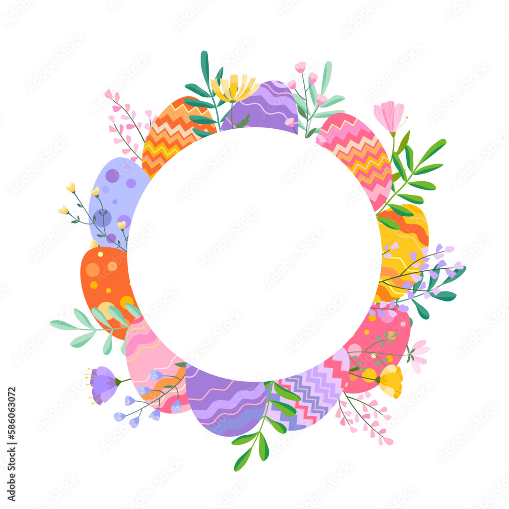 Happy Easter vector illustration. Trendy Easter design with wreath, eggs and spring flowers in soft colors for banner, poster, greeting card. Happy Easter vector illustration. Trendy Easter design with wreath, eggs and spring flowers in soft colors for banner, poster, greeting card.