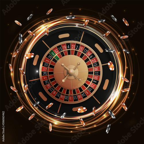 Gold and black shine neon rotate Casino Roulette wheel with poker chips, luxury casino element