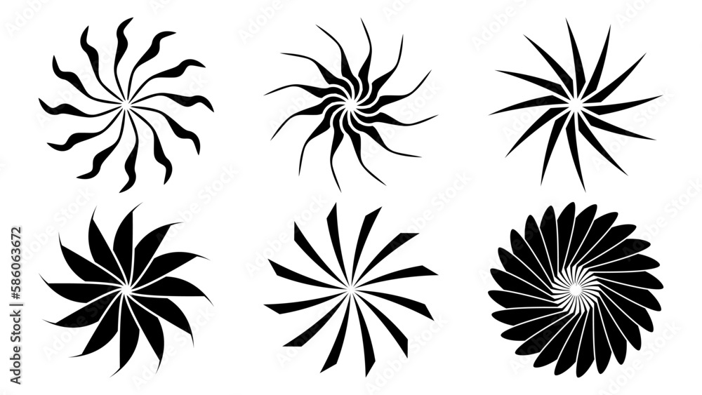 Set of sun or flower shape silhouette isolated on white. Circular shape with petals. Clipart.