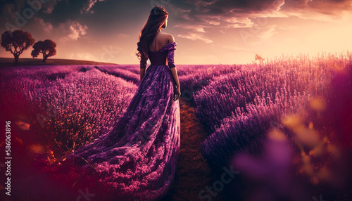woman in a beautiful luxurious fashionable dress in a lavender field with sunset, romantic purple nature background. Generative AI © Odin
