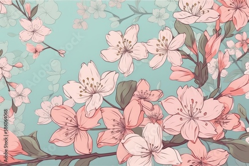 Illustration of pink flowers on a blue background created with Generative AI technology