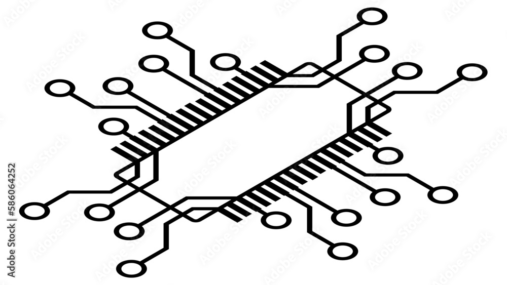 Obraz premium Silhouette of simple isometric schematic chip or component for microcircuits isolated on white background. Technical clipart. Vector.