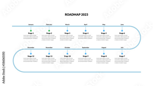 Yearly roadmap with monthly milestones on winding line on white background. Horizontal infographic timeline template for presentation. Vector.