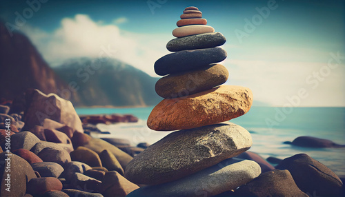 Stones balance  vintage like hierarchy stack over blue sea background with Generative AI Technology