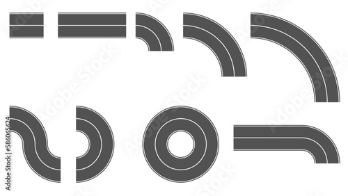 Set of gray sections of road with solid line in the middle isolated on white. Road constructor. Clipart.
