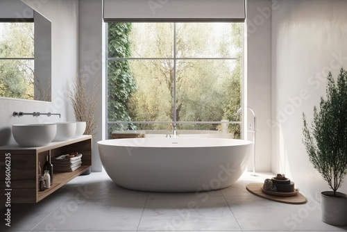 serene bathroom with a white bathtub next to a window overlooking nature created with Generative AI technology © AkuAku